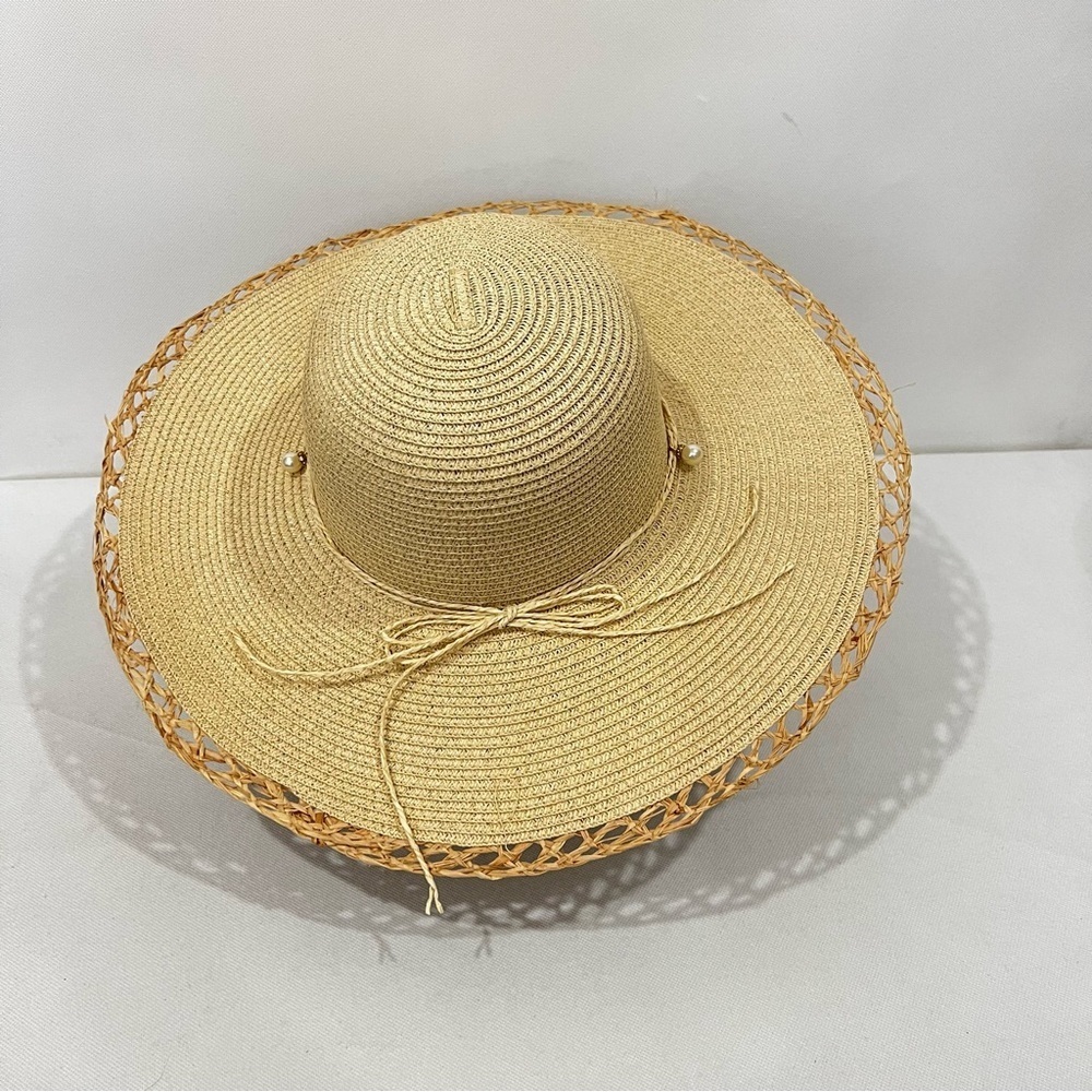 Sun Hat Faux Pearls Details Around Packable Tan Light Brown - Picture 5 of 9